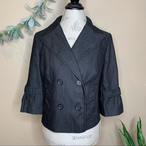 Ann Taylor LOFT ~ Dark Wash Denim Pea Coat With Gathered 3/4 Sleeves Size 8 - Picture 1 of 9